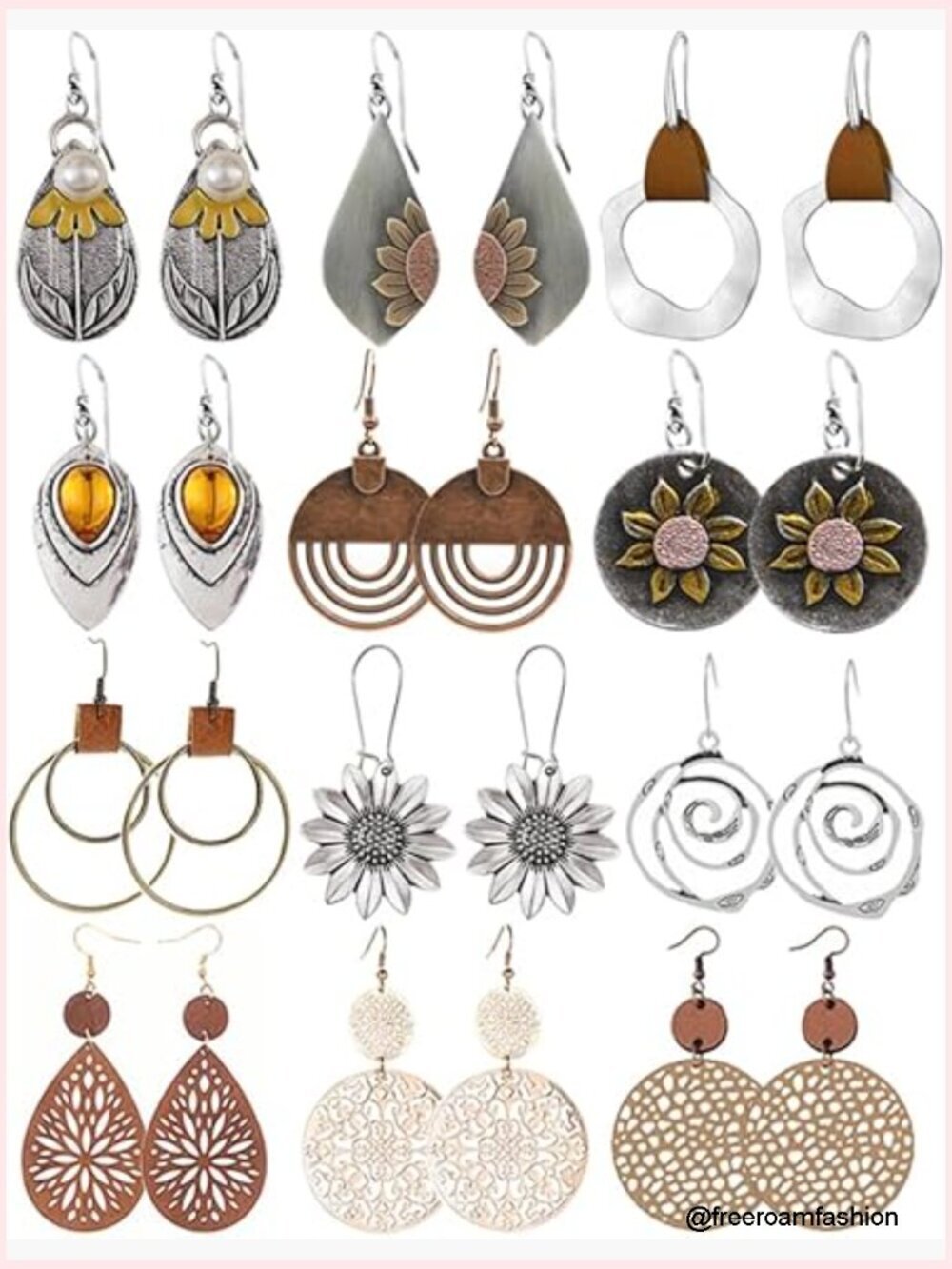 12 Pairs Boho Vintage Geometric Wooden Leather Drop Dangle Earrings